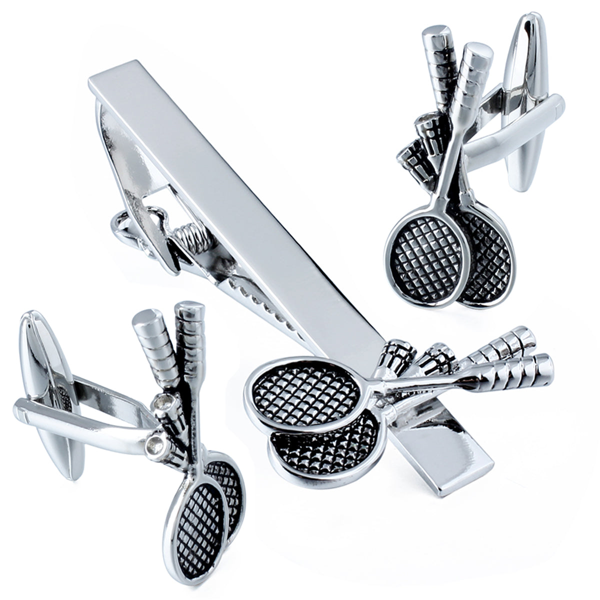 Silver Tennis Racket Pattern Men's Cufflinks And Tie Clip Set Formal Suit Accessories