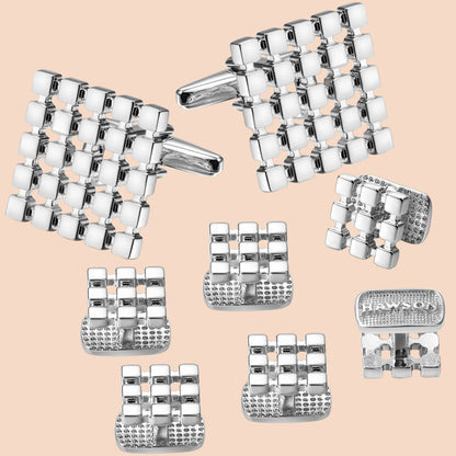 HAWSON Grid Silver Color Cufflinks and Studs Set for Men