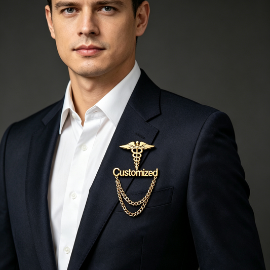 Custom Caduceus Brooch | Engraved Name Medical Symbol Chain Lapel Pin for Doctor Nurse
