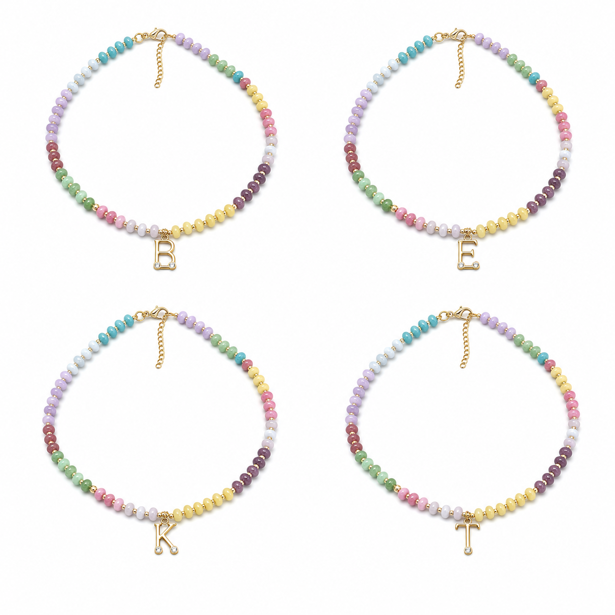 Gold Plated A-Z Rainbow Color Beaded Initial Necklace, Crystal Letter Pendant