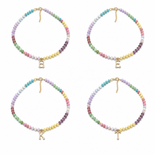Gold Plated A-Z Rainbow Color Beaded Initial Necklace, Crystal Letter Pendant