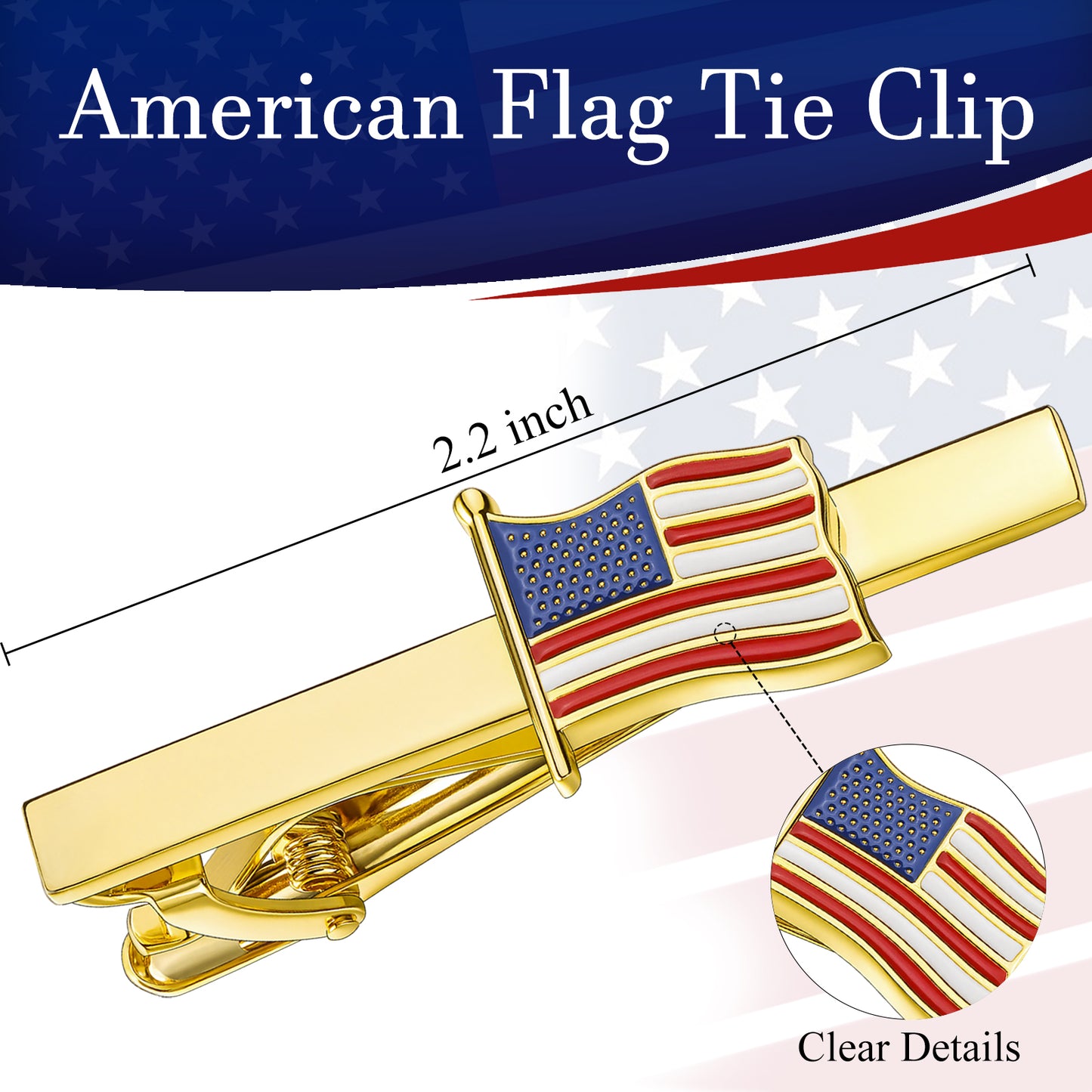 American Flag Tie Clip | Silver & Gold Patriotic Flag Tie Bar Set