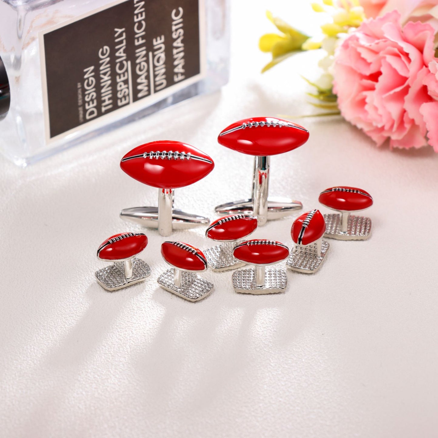 Red American Football Cufflinks and Studs Set for Men