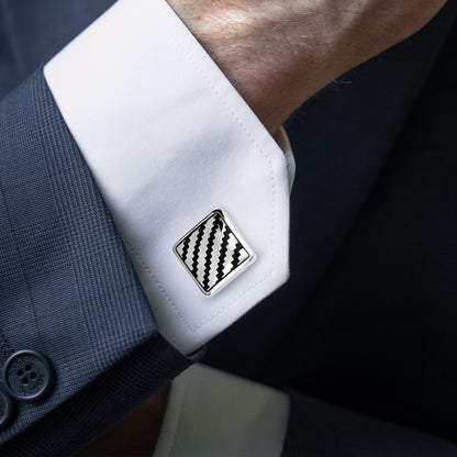 HAWSON 2 Inch Black & Silver Striped Cufflinks and Tie Clip Set