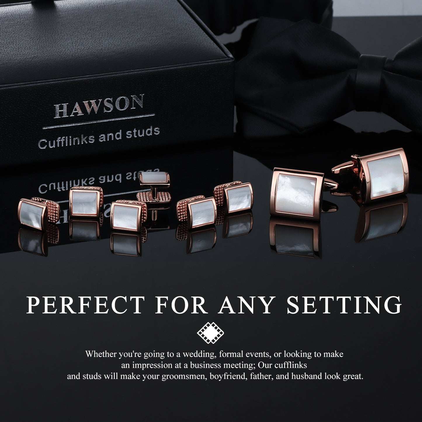 HAWSON Square-Shaped Mother of Pearl Cufflinks and Studs for Men