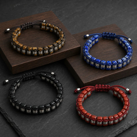 4Pcs Natural Stone Beaded Adjustable Bracelet Set for Men