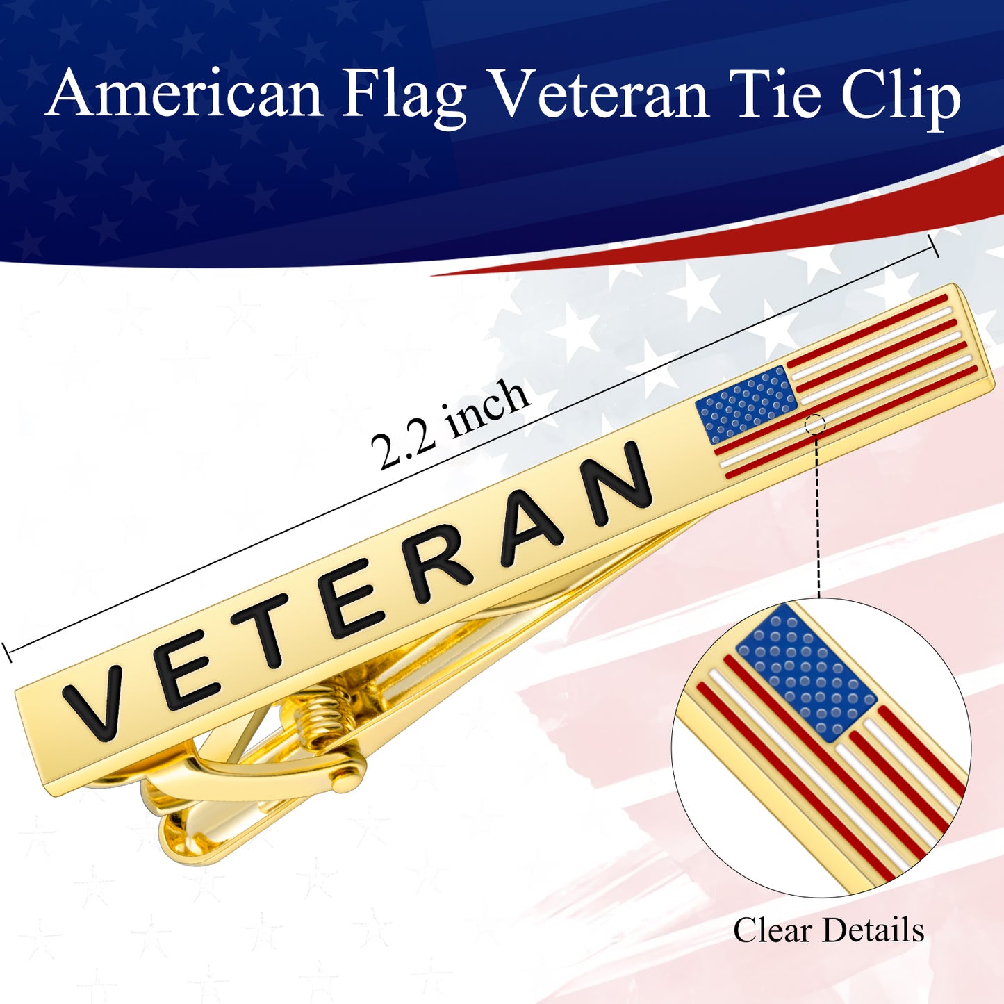 American Flag Veteran Tie Clip | Gold Brass Patriotic Military Tie Bar