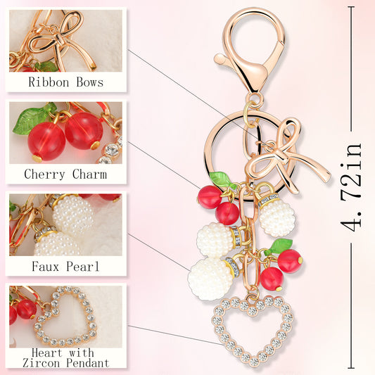 Cherry Heart Bag Charm Keychain | Fruit Pendant Purse Accessory