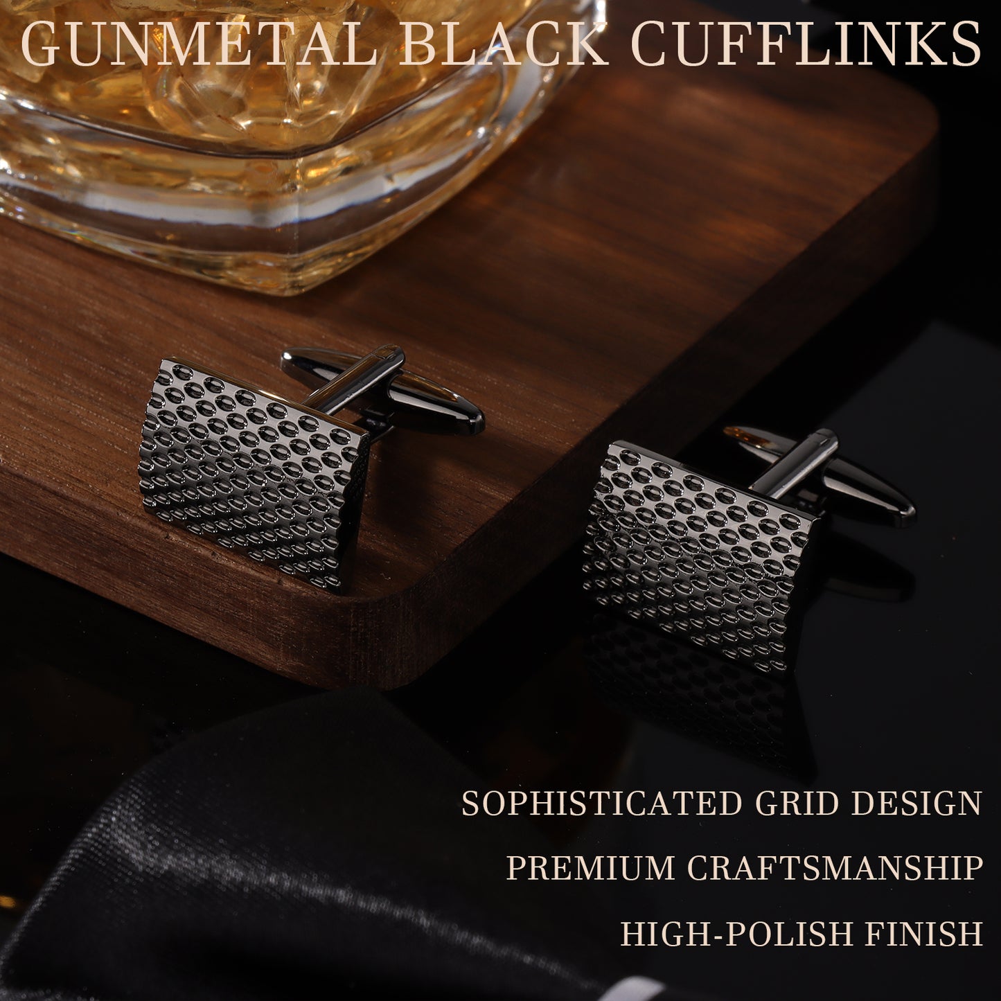 HAWSON Rectangular Grid Gunmetal Black Cufflinks – Brass