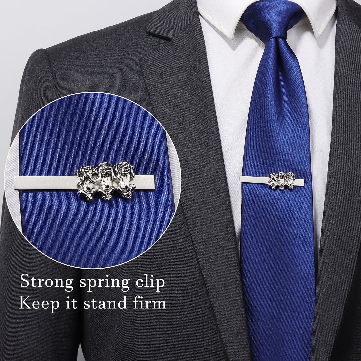 Silver Three Wise Monkeys Tie Clip | Brass Men's Formal Business Gift