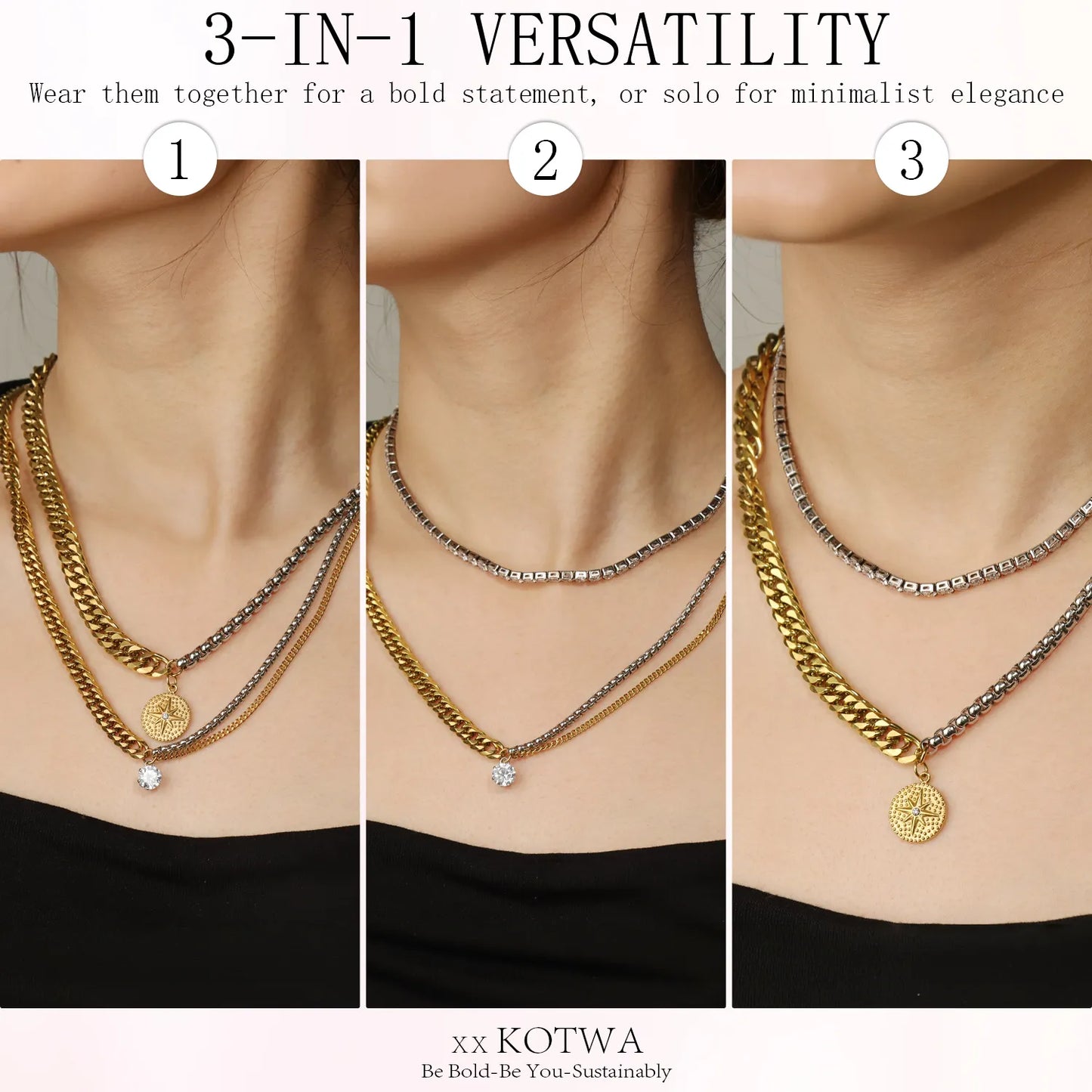 Gold & Silver Mixed Chain Necklace Set | 3-Piece Multi-Way