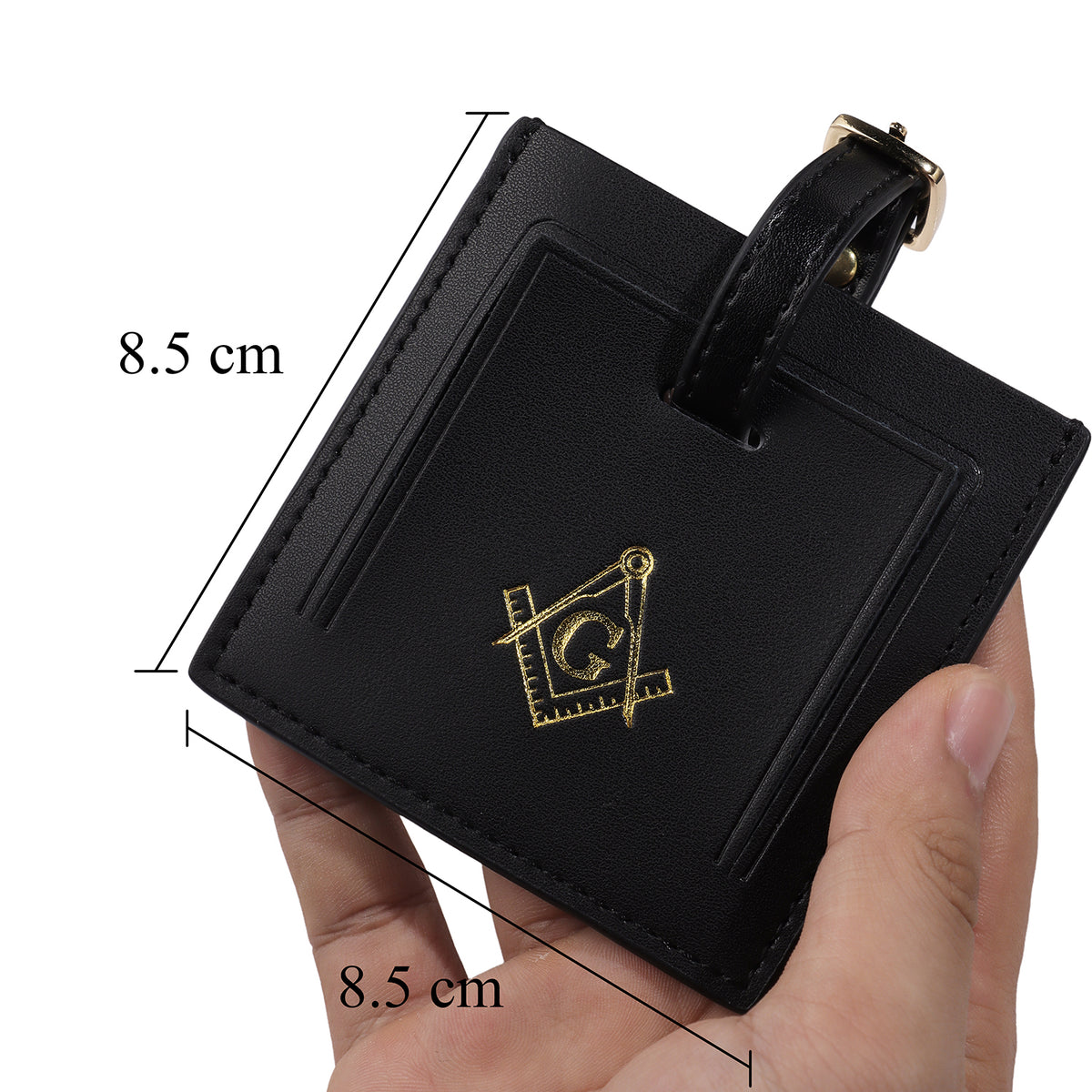 Black Genuine Leather Masonic Luggage Tag | Square Compass G Travel ID Label