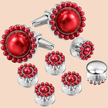 HAWSON Red Imitation Pearl Cufflinks and Studs for Men and Women