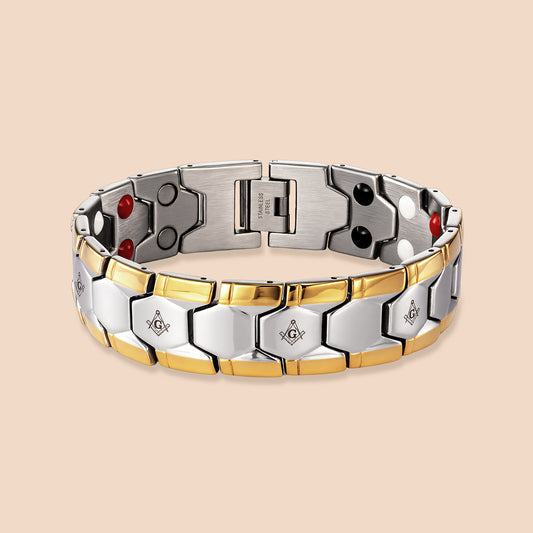 Two‑Tone Gold Silver Masonic Magnetic Bracelet for Men, Stainless Steel Freemason Symbol Therapy Link Bracelet