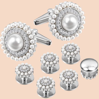 HAWSON White Imitation Pearl Cufflinks and Studs for Men