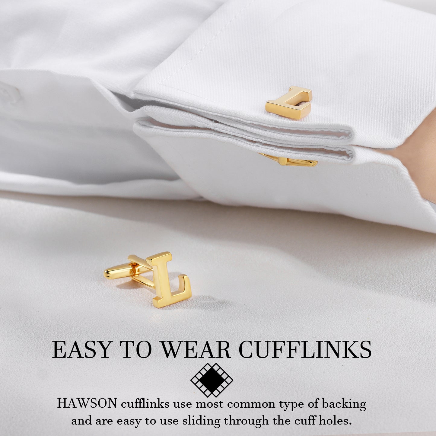 HAWSON Personalized Letter Crystal Cufflinks Tie Clip and Tie Buckle Set for Tie and French Cuffs or Dress Shirt