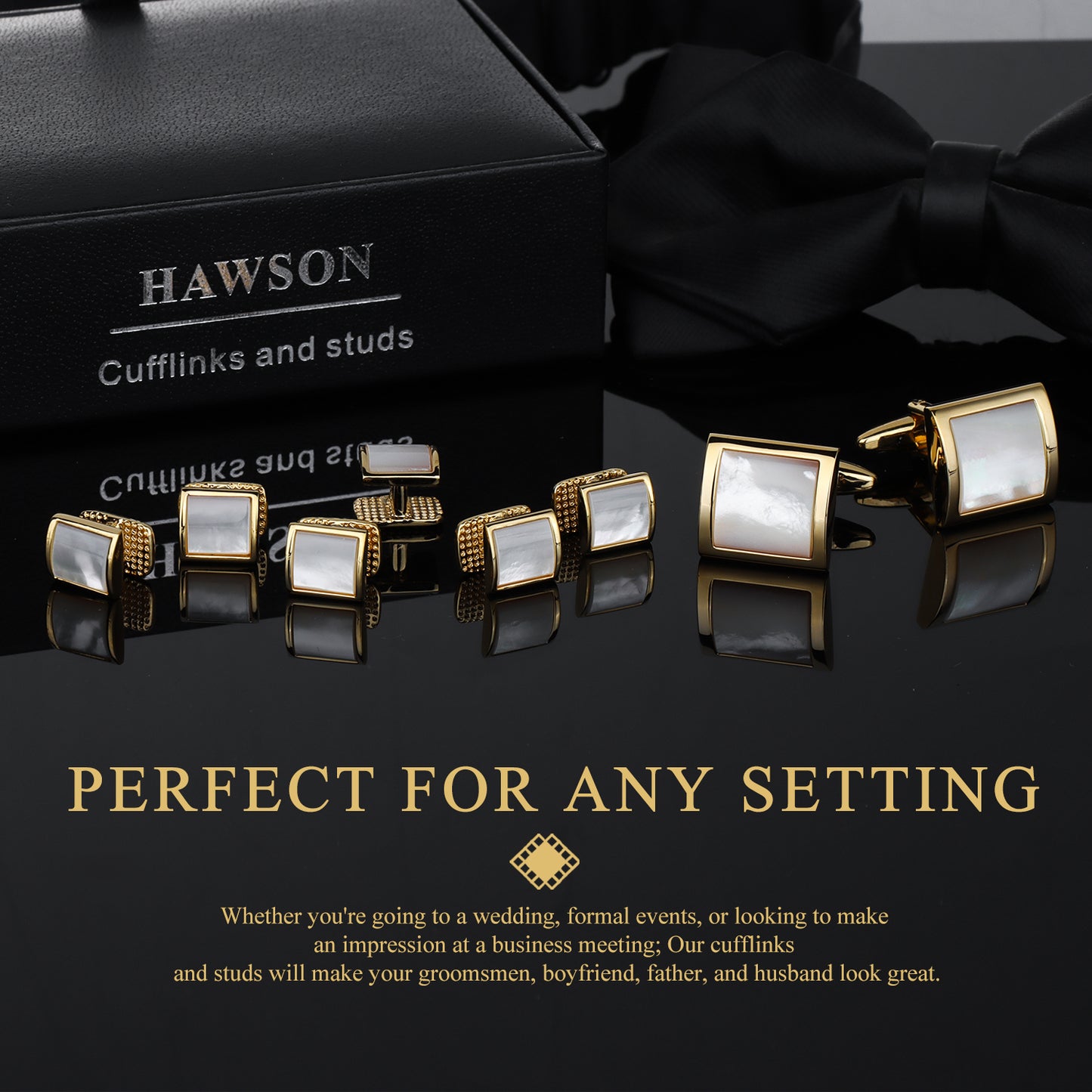 HAWSON Square-Shaped Mother of Pearl Cufflinks and Studs for Men