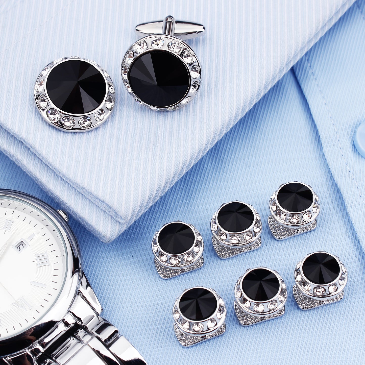 HAWSON Crystal Cufflinks and Studs Set for Men