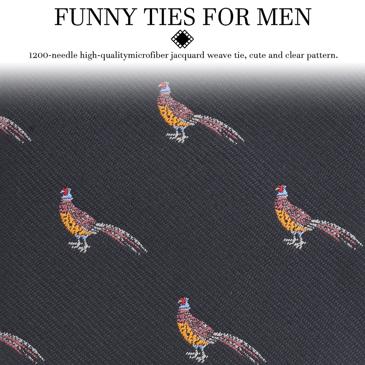 Black Pheasant Print Microfiber Tie - 59" Length 3" Width Men's Funny Formal Business Necktie, 1200-Needle Jacquard Weave, Fits Four-in-Hand/Windsor/Half-Windsor Knots for Daily/Business Occasions