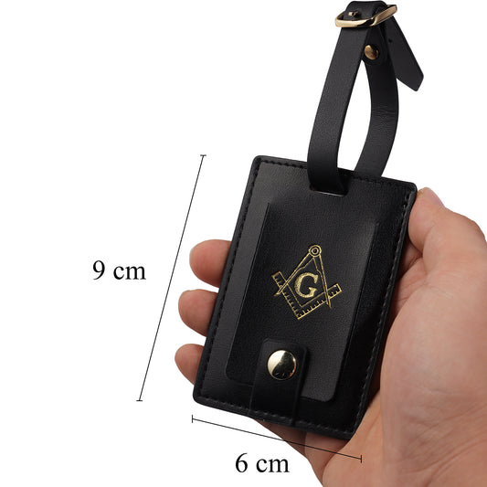 Black Genuine Leather Masonic Luggage Tag | Rectangle Snap Closure Travel ID