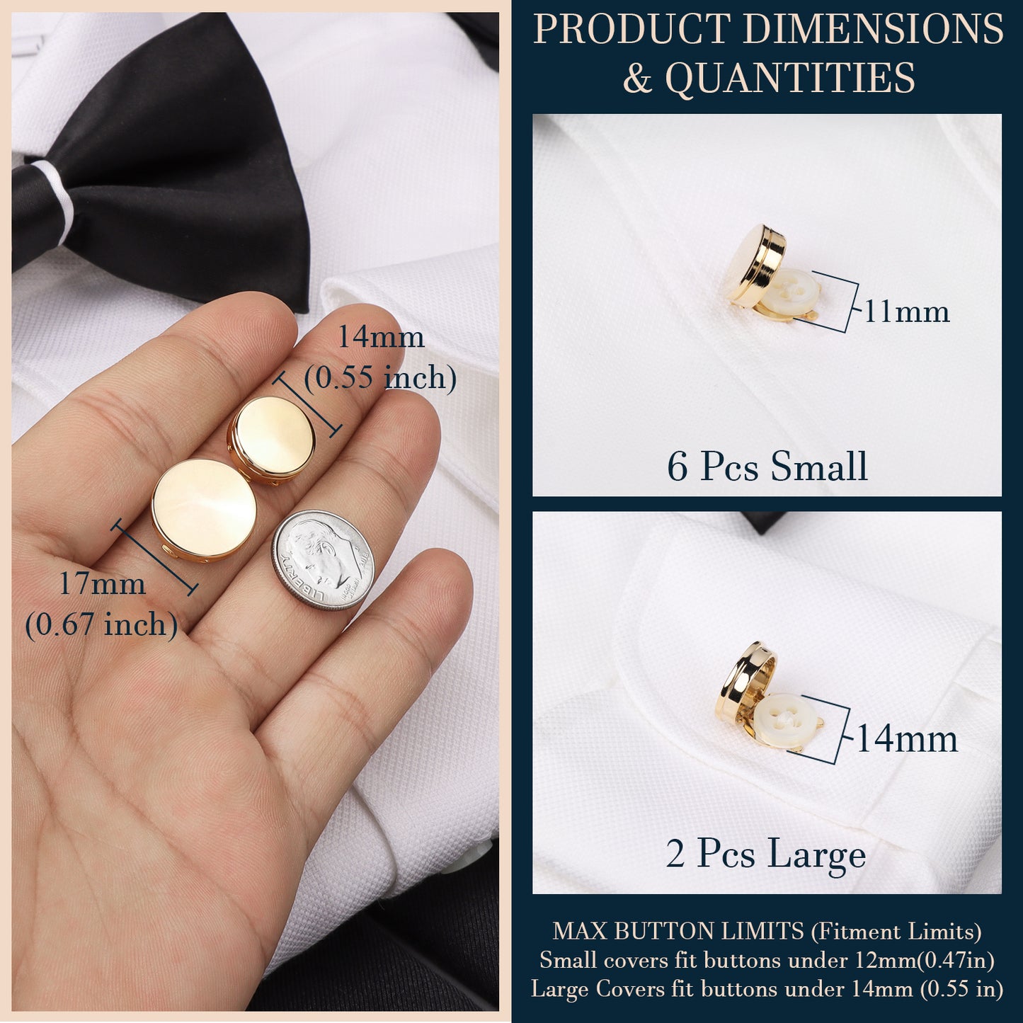 Gold Button Covers | 8Pcs Tuxedo Shirt Cufflink Alternative for Men & Women