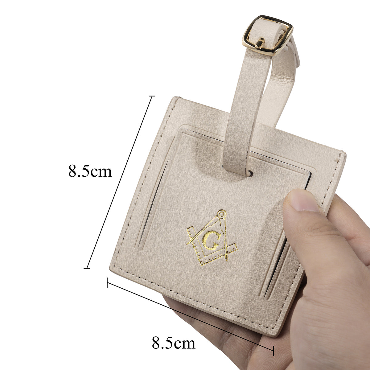 Beige Genuine Leather Masonic Luggage Tag | Square Compass G Travel ID Label