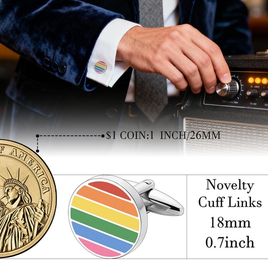 Rainbow Striped Novelty Cuff Links - 18mm Round Pride Cufflinks