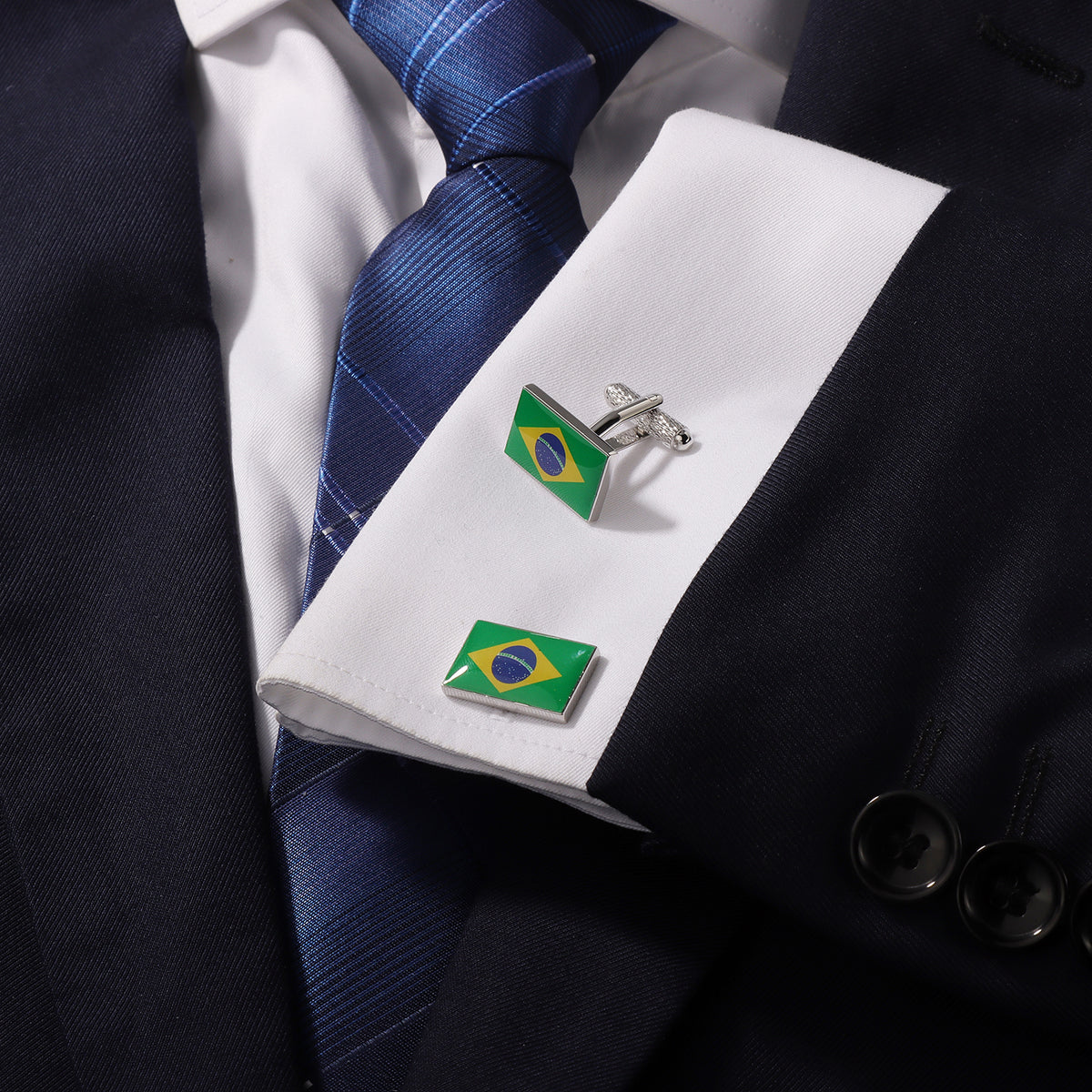Brazil Flag Cufflinks, Silver Plated Rectangle Brazilian Flag Cuff Links for Men