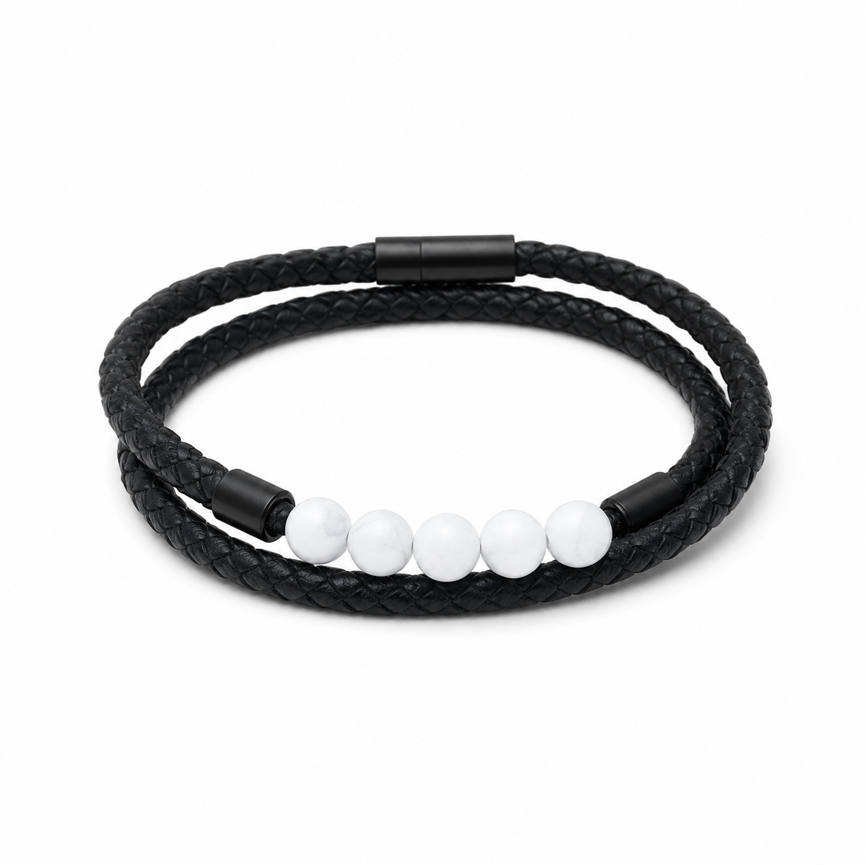 6Pcs Black Double-Wrap Bracelet Set | White Bead Accent