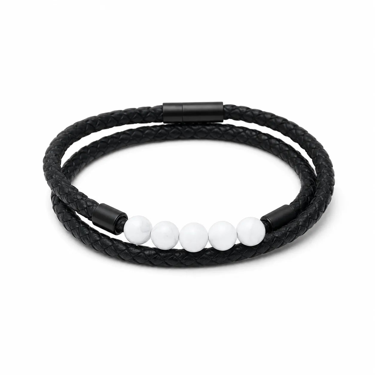 6Pcs Black Double-Wrap Bracelet Set | White Bead Accent