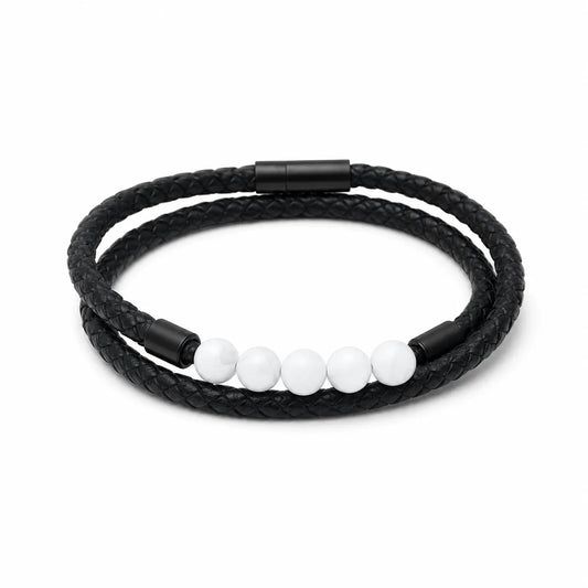 6Pcs Black Double-Wrap Bracelet Set | White Bead Accent