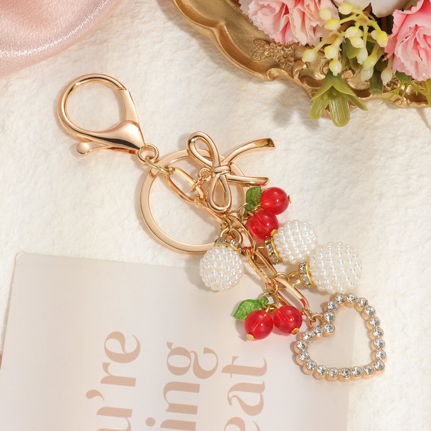Cherry Heart Bag Charm Keychain | Fruit Pendant Purse Accessory