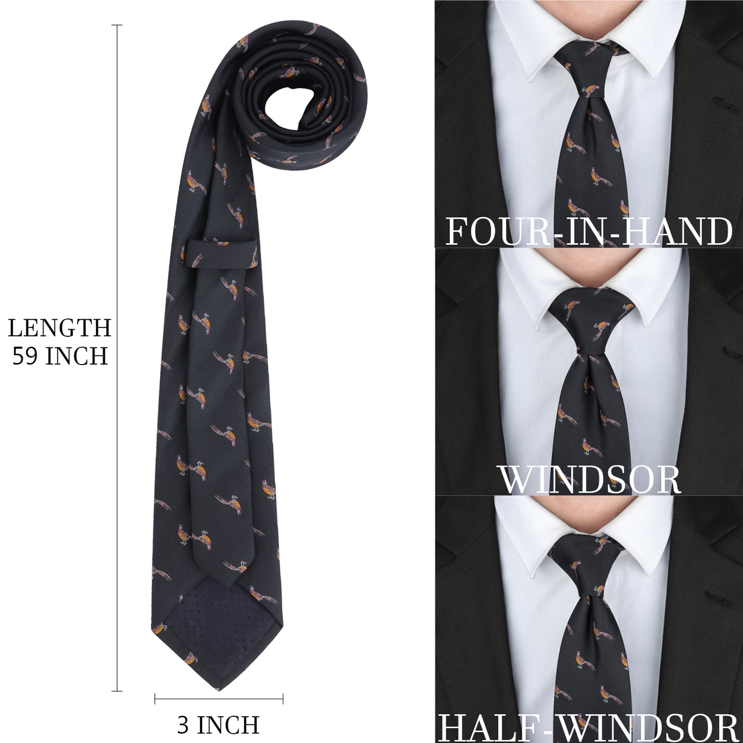 Black Pheasant Print Microfiber Tie - 59" Length 3" Width Men's Funny Formal Business Necktie, 1200-Needle Jacquard Weave, Fits Four-in-Hand/Windsor/Half-Windsor Knots for Daily/Business Occasions