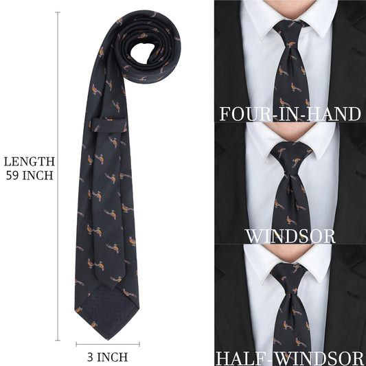 Black Pheasant Print Microfiber Tie - 59" Length 3" Width Men's Funny Formal Business Necktie, 1200-Needle Jacquard Weave, Fits Four-in-Hand/Windsor/Half-Windsor Knots for Daily/Business Occasions