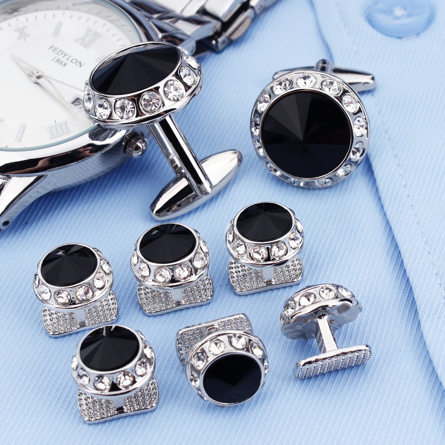 HAWSON Crystal Cufflinks and Studs Set for Men