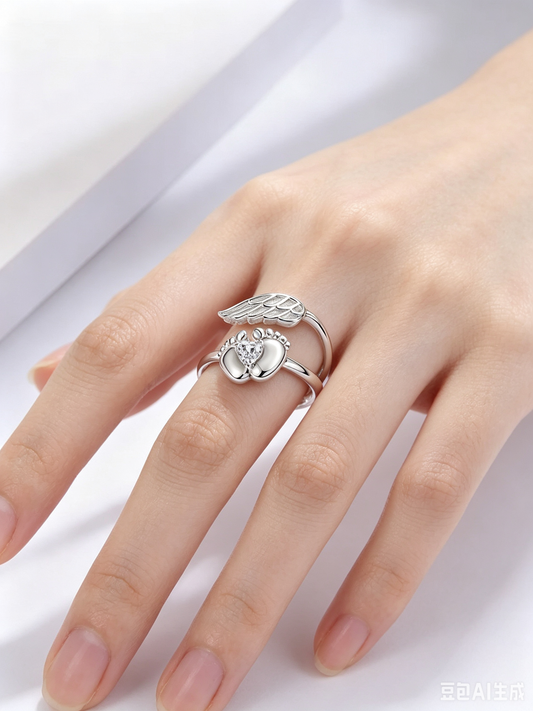 Mommy of an Angel Ring | Baby Footprint Angel Wing Memorial Ring for Mom