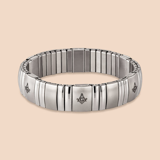 Masonic Elastic Stretch Link Bracelet for Men, Stainless Steel Freemason G Symbol Flexible Wrist Band
