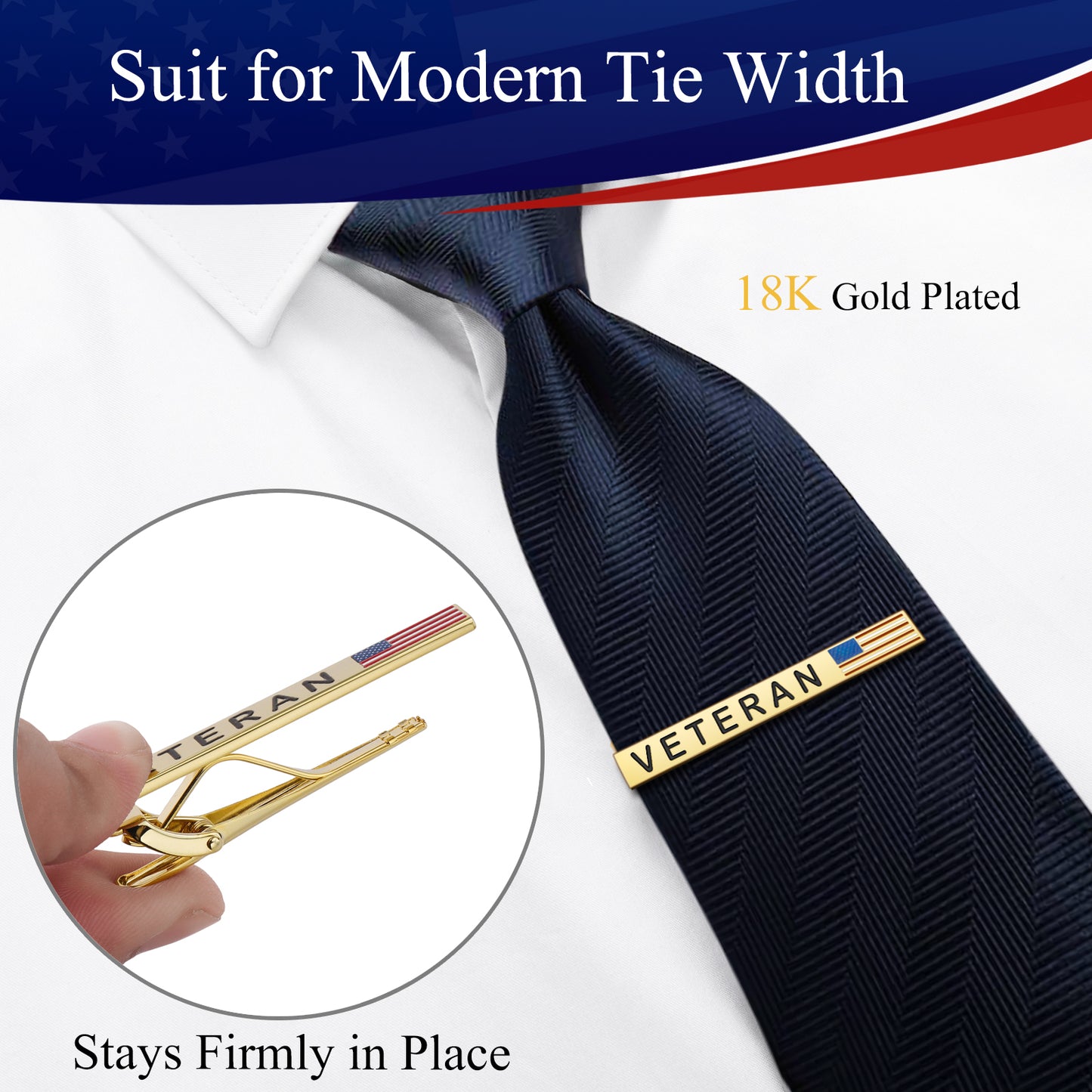 American Flag Veteran Tie Clip | Gold Brass Patriotic Military Tie Bar