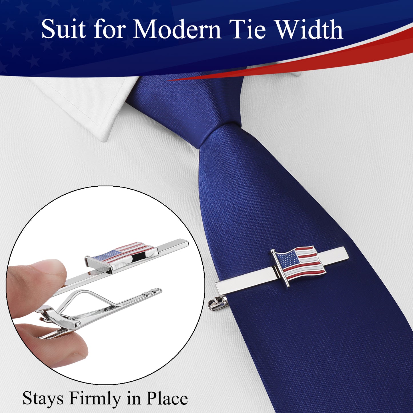 American Flag Tie Clip | Silver & Gold Patriotic Flag Tie Bar Set