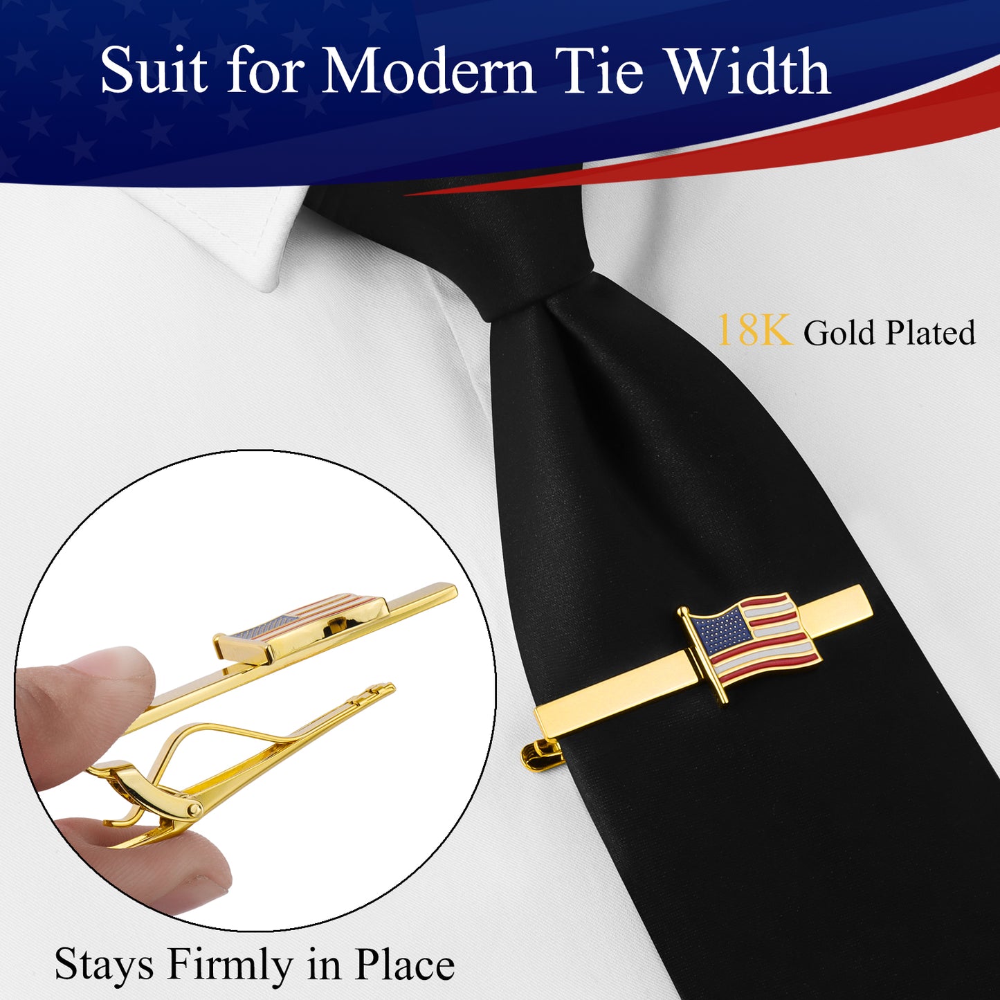 American Flag Tie Clip | Silver & Gold Patriotic Flag Tie Bar Set