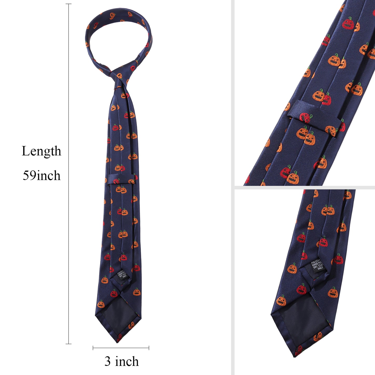 Navy Blue Halloween Pumpkin Necktie | Men's Polyester Holiday Party Accessory Gift