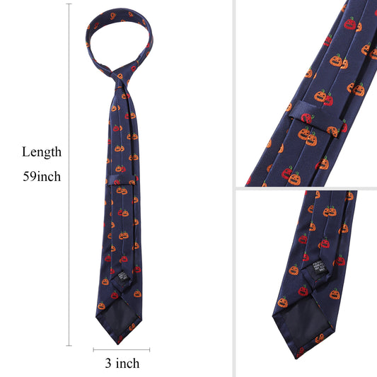 Navy Blue Halloween Pumpkin Necktie | Men's Polyester Holiday Party Accessory Gift