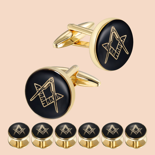 Square & Compasses Masonic Cufflinks & Studs Set | Black Enamel Finish