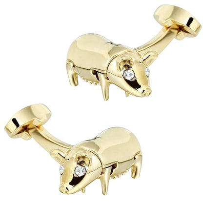 Gold Tone Cute Pig Cufflinks For Men with Crystal in Gift Box.