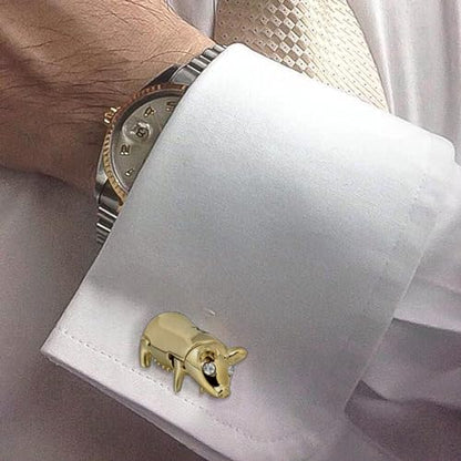 Gold Tone Cute Pig Cufflinks For Men with Crystal in Gift Box.