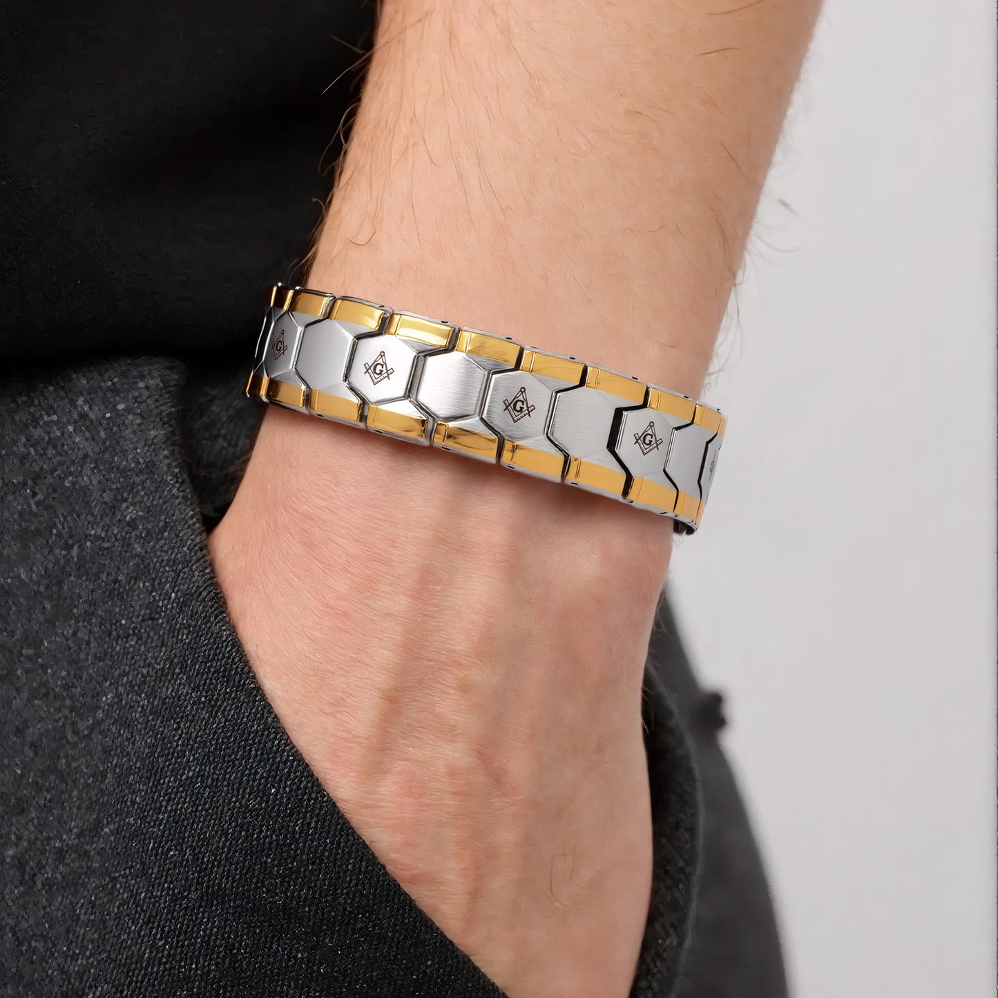 Two‑Tone Gold Silver Masonic Magnetic Bracelet for Men, Stainless Steel Freemason Symbol Therapy Link Bracelet