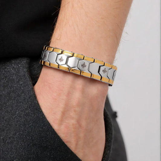Two‑Tone Gold Silver Masonic Magnetic Bracelet for Men, Stainless Steel Freemason Symbol Therapy Link Bracelet
