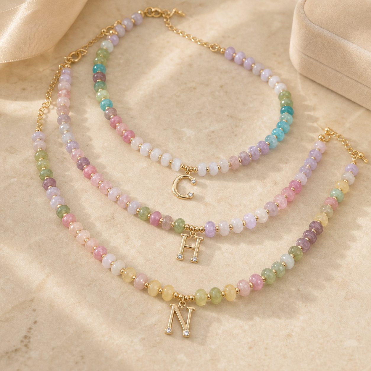Gold Plated A-Z Rainbow Color Beaded Initial Necklace, Crystal Letter Pendant