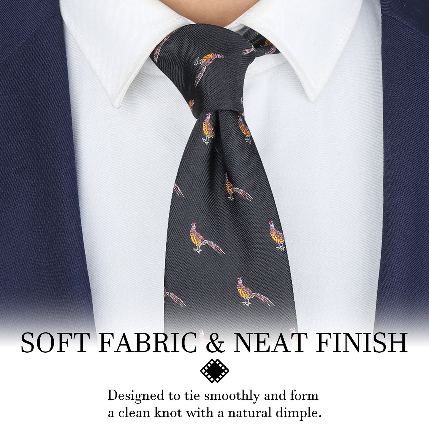 Black Pheasant Print Microfiber Tie - 59" Length 3" Width Men's Funny Formal Business Necktie, 1200-Needle Jacquard Weave, Fits Four-in-Hand/Windsor/Half-Windsor Knots for Daily/Business Occasions