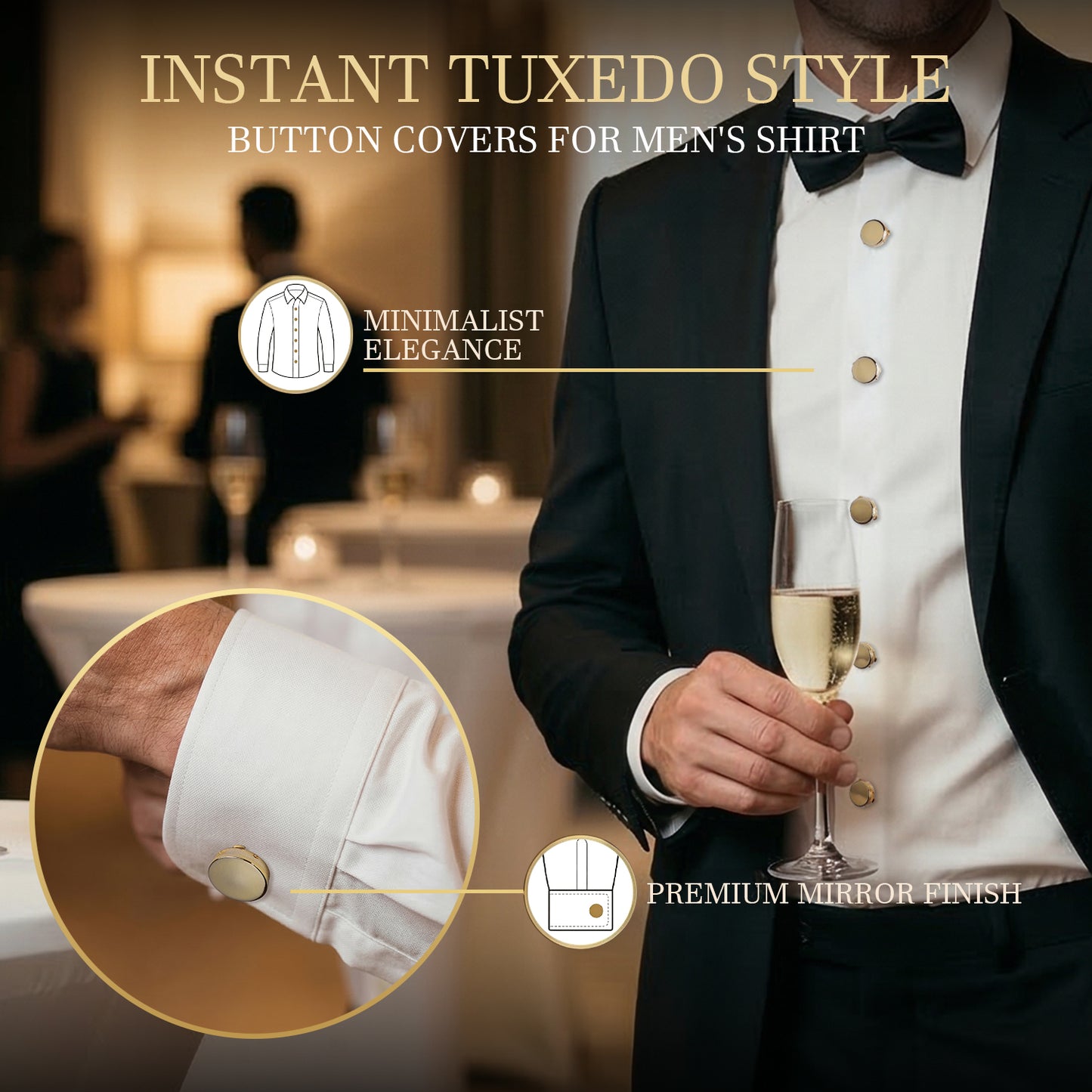 Gold Button Covers | 8Pcs Tuxedo Shirt Cufflink Alternative for Men & Women